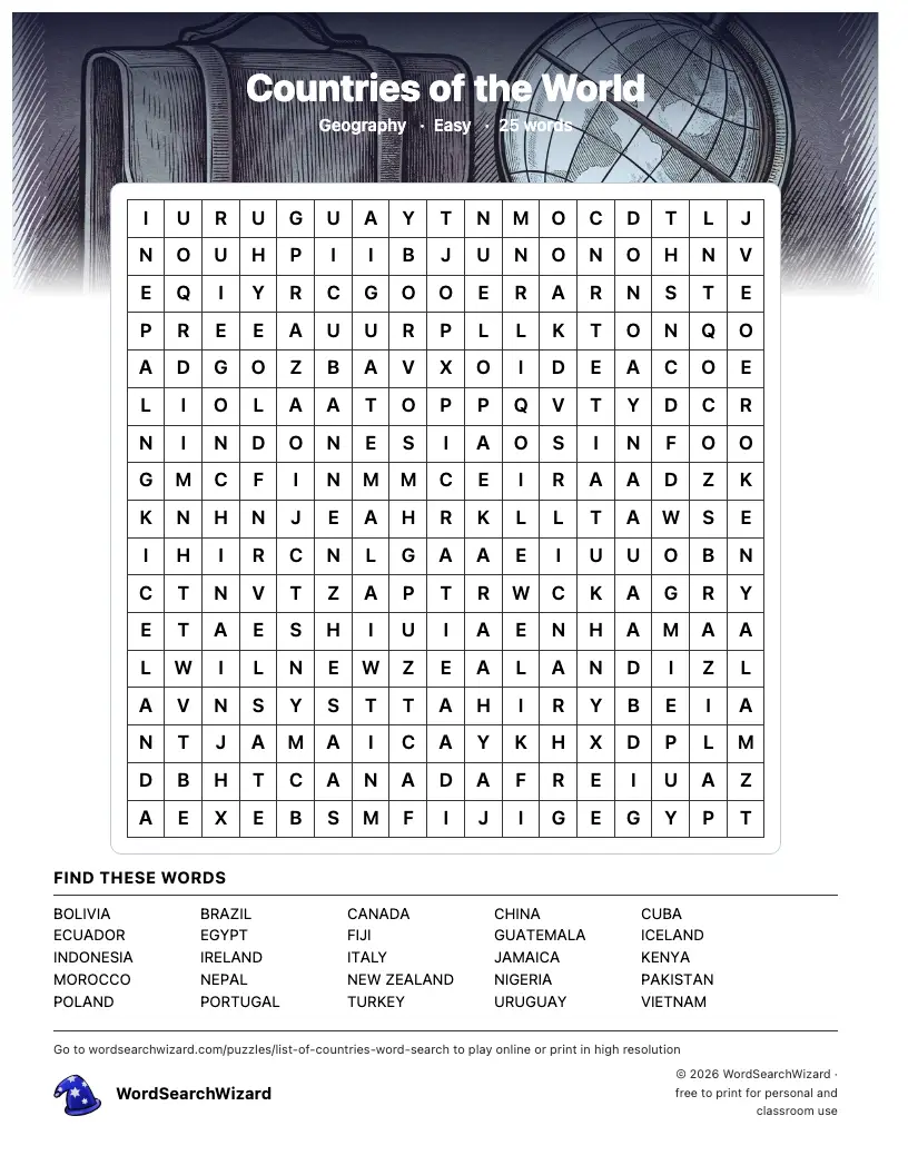 Countries of the World word search printable sheet, 25 words to find