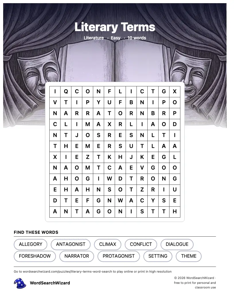 Literary Terms word search printable sheet, 10 words to find