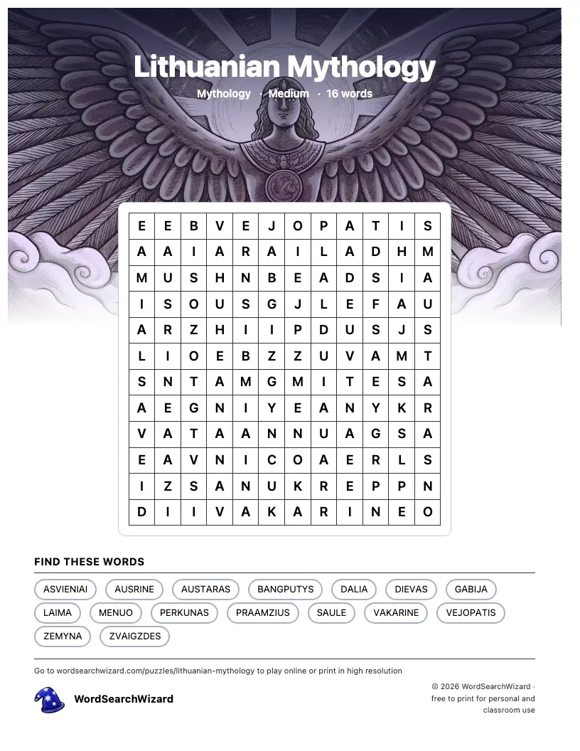 Lithuanian Mythology word search printable sheet, 16 words to find