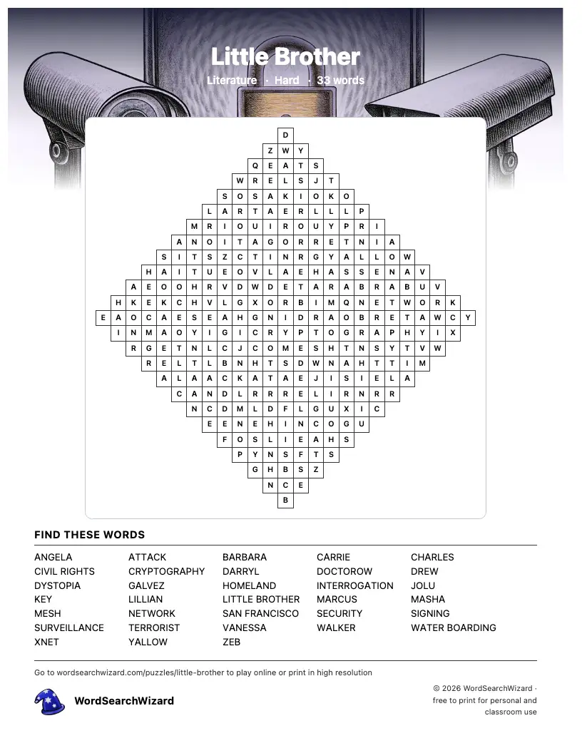 Little Brother word search printable sheet, 33 words to find