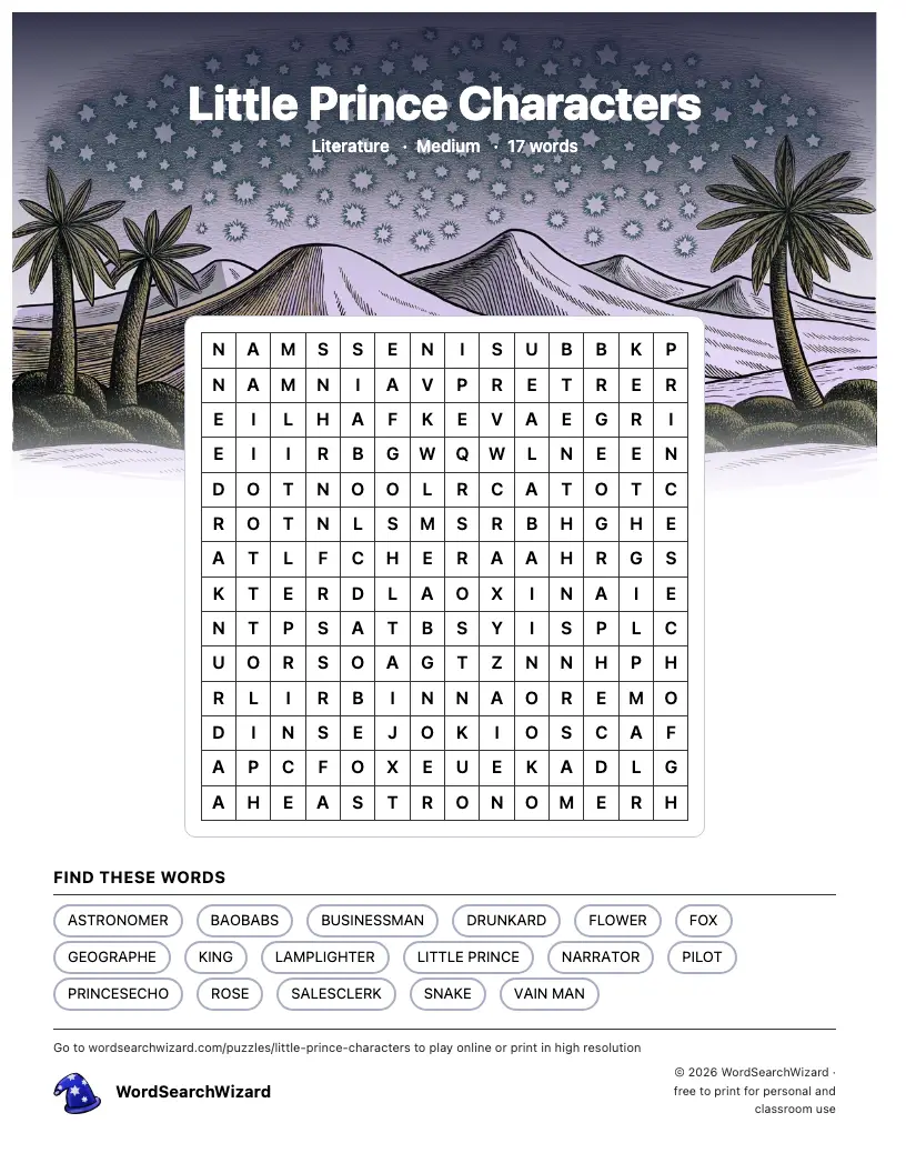 Little Prince Characters word search printable sheet, 17 words to find