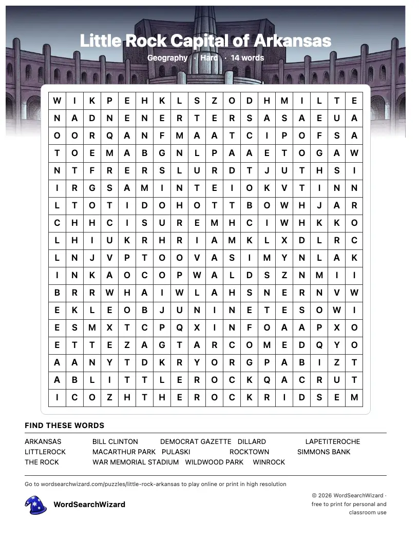 Little Rock Capital of Arkansas word search printable sheet, 14 words to find