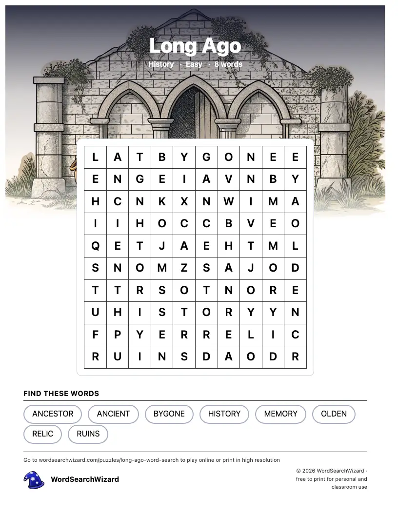 Long Ago word search printable sheet, 8 words to find