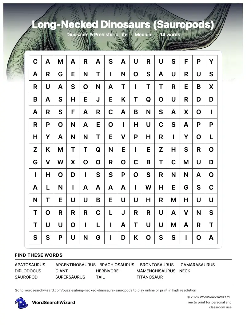 Long-Necked Dinosaurs (Sauropods) word search printable sheet, 14 words to find