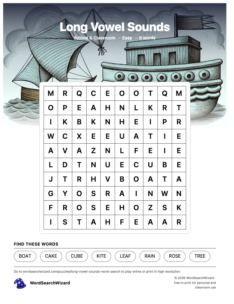 Long Vowel Sounds word search printable sheet, 8 words to find