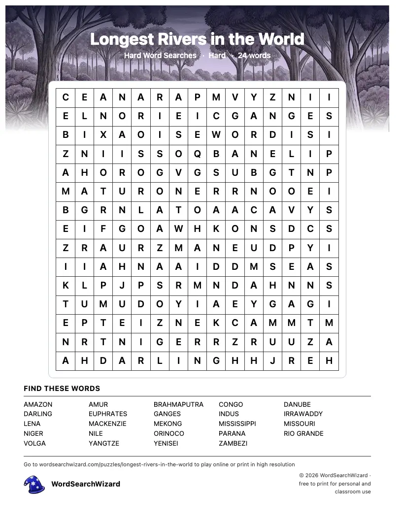 Longest Rivers in the World word search printable sheet, 24 words to find