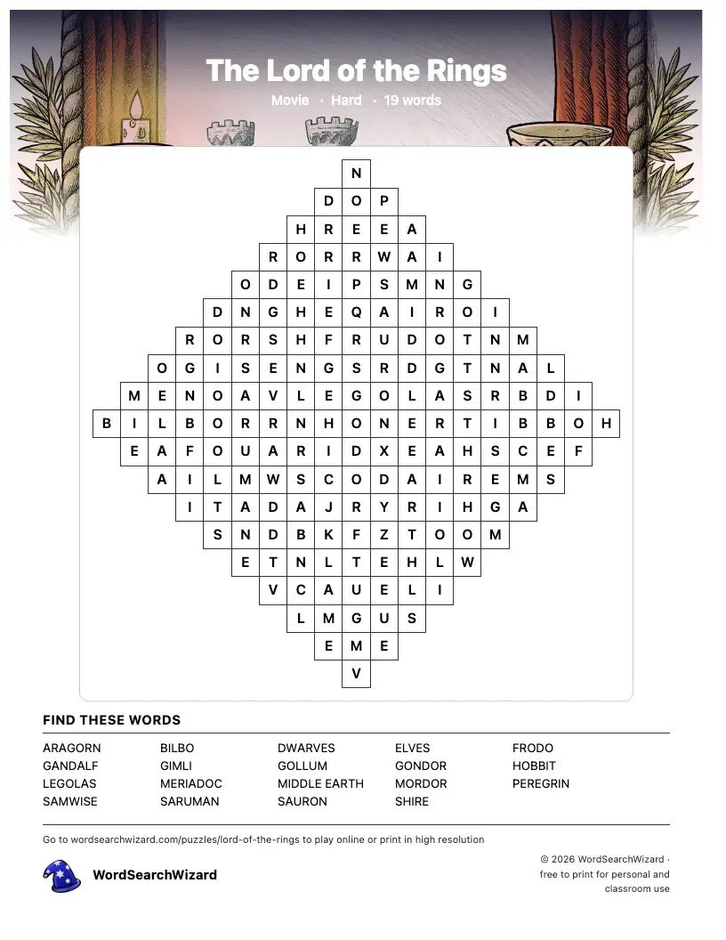The Lord of the Rings word search printable sheet, 19 words to find