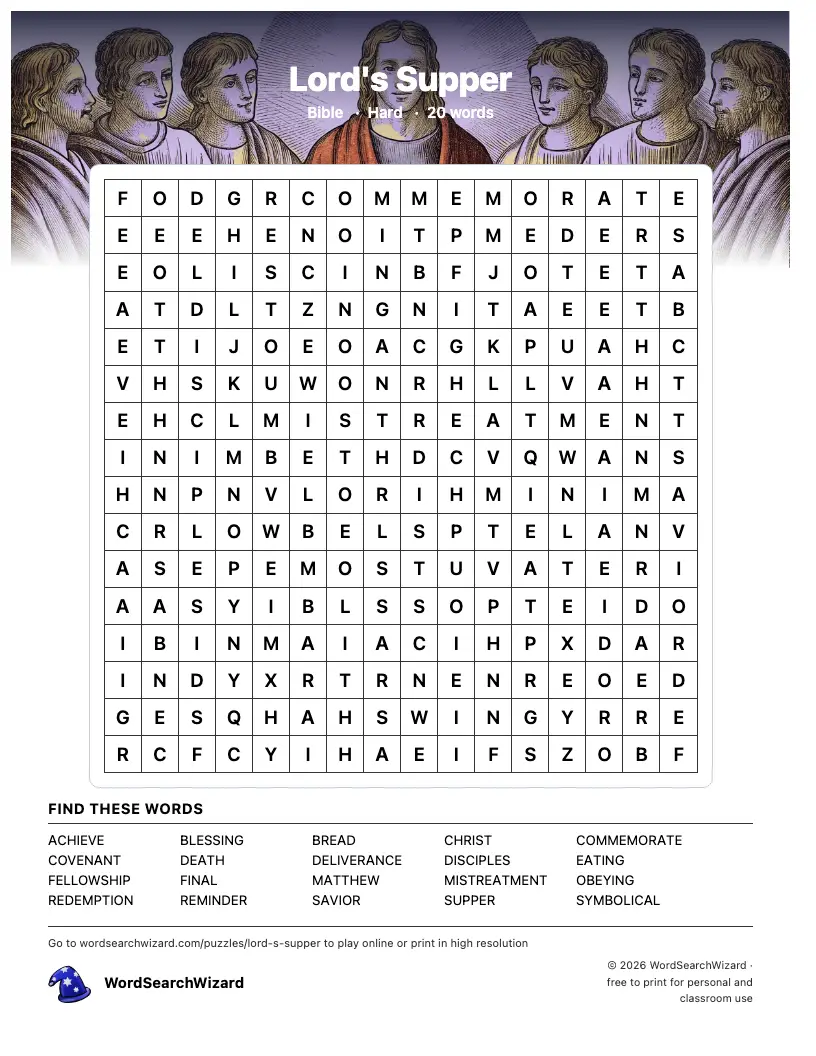 Lord's Supper word search printable sheet, 20 words to find