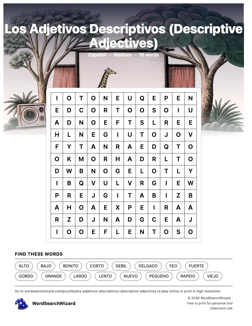 Los Adjetivos Descriptivos (Descriptive Adjectives) word search printable sheet, 16 words to find