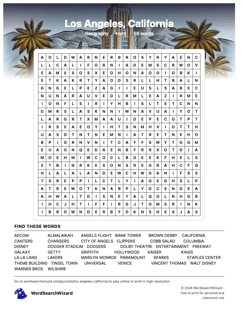 Los Angeles, California word search printable sheet, 38 words to find