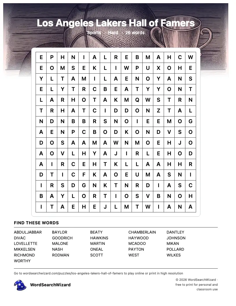 Los Angeles Lakers Hall of Famers word search printable sheet, 26 words to find