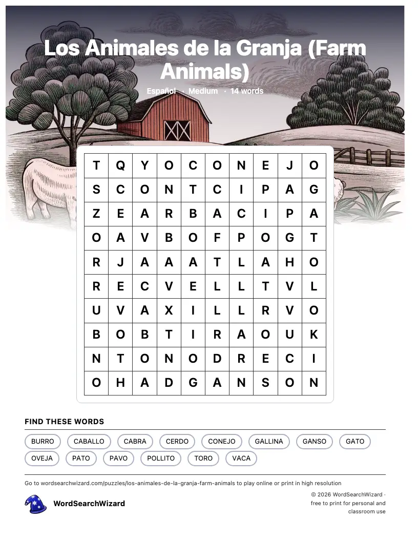 Los Animales de la Granja (Farm Animals) word search printable sheet, 14 words to find
