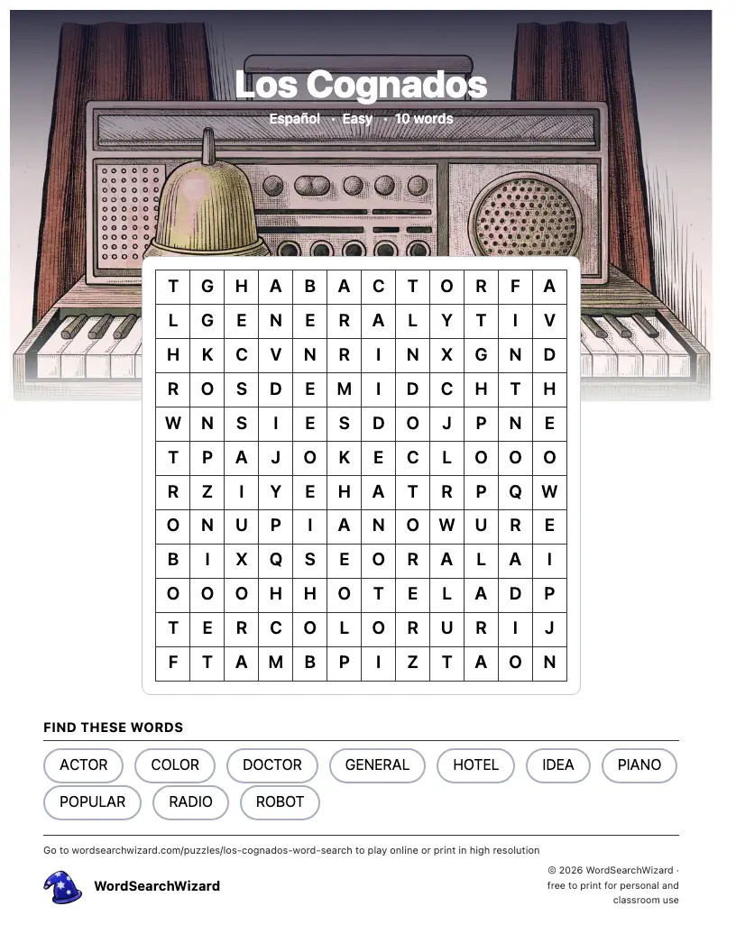 Los Cognados word search printable sheet, 10 words to find