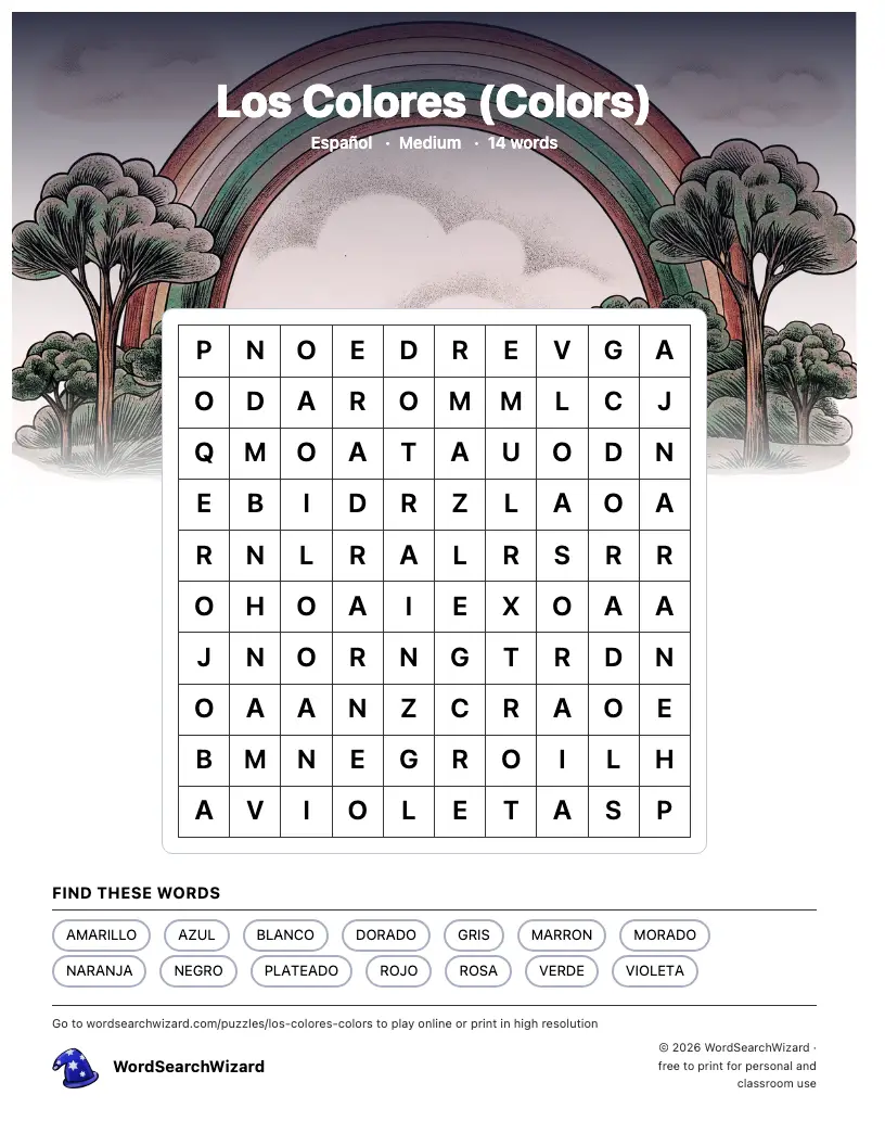 Los Colores (Colors) word search printable sheet, 14 words to find