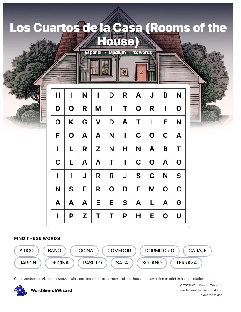 Los Cuartos de la Casa (Rooms of the House) word search printable sheet, 12 words to find