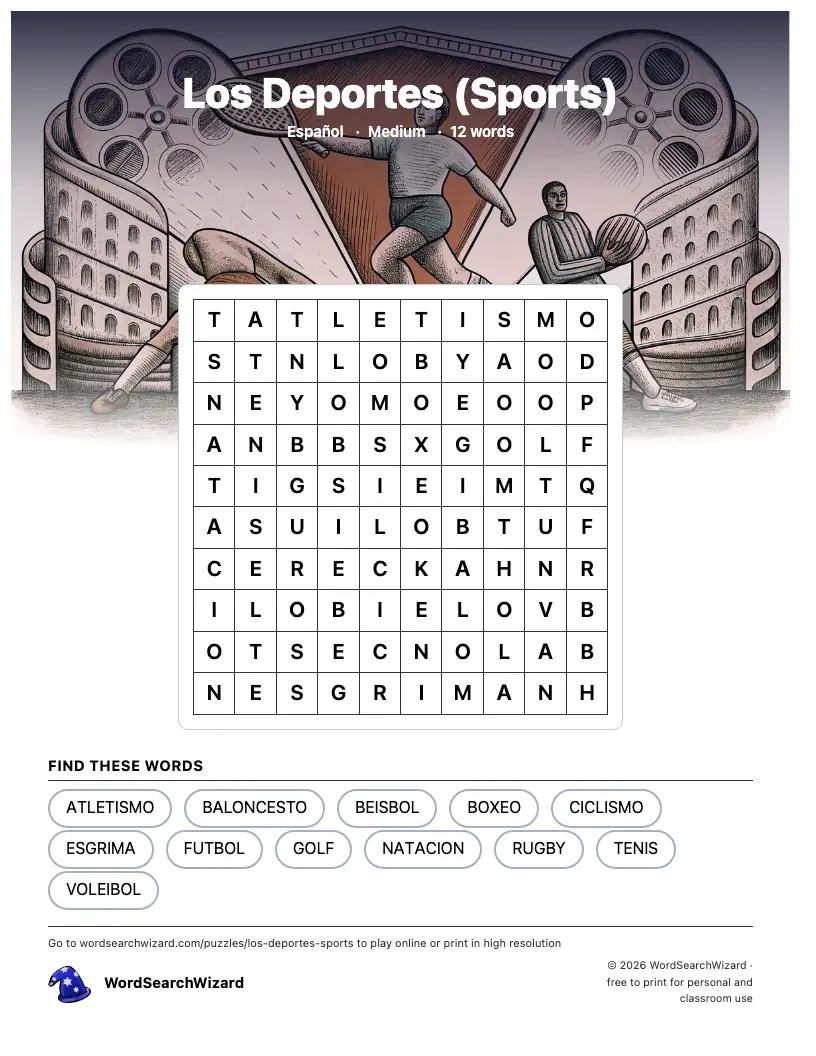 Los Deportes (Sports) word search printable sheet, 12 words to find