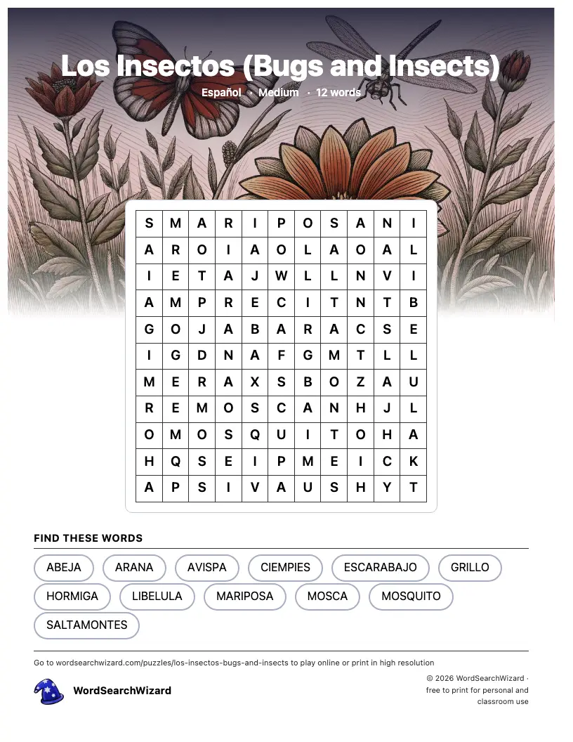 Los Insectos (Bugs and Insects) word search printable sheet, 12 words to find