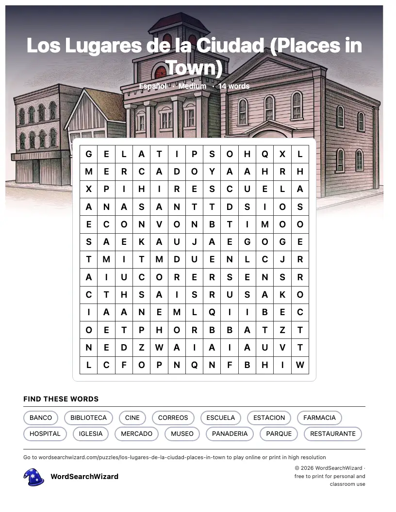 Los Lugares de la Ciudad (Places in Town) word search printable sheet, 14 words to find