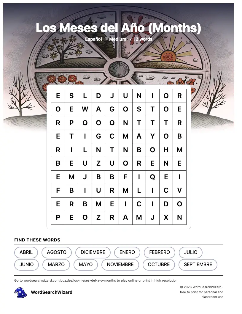 Los Meses del Año (Months) word search printable sheet, 12 words to find