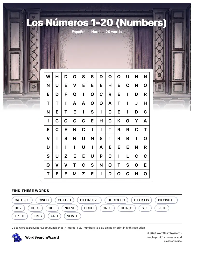 Los Números 1-20 (Numbers) word search printable sheet, 20 words to find