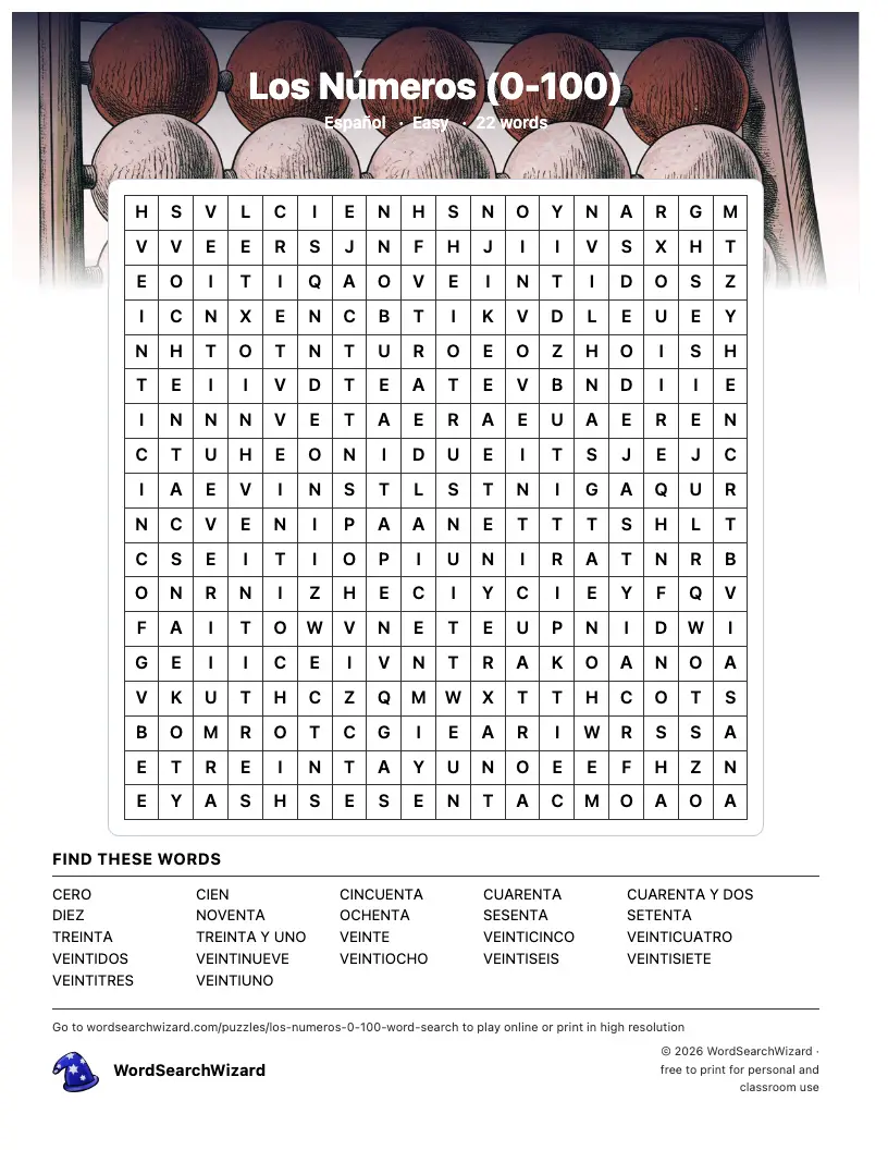 Los Números word search printable sheet, 22 words to find
