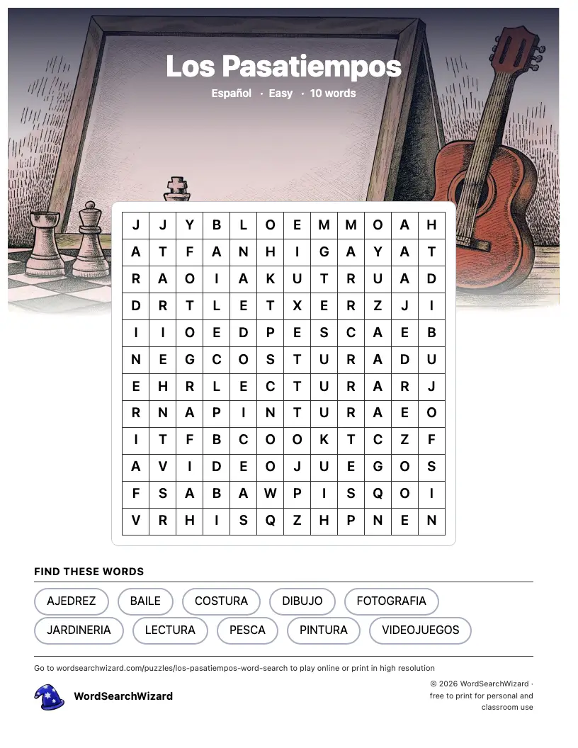 Los Pasatiempos word search printable sheet, 10 words to find