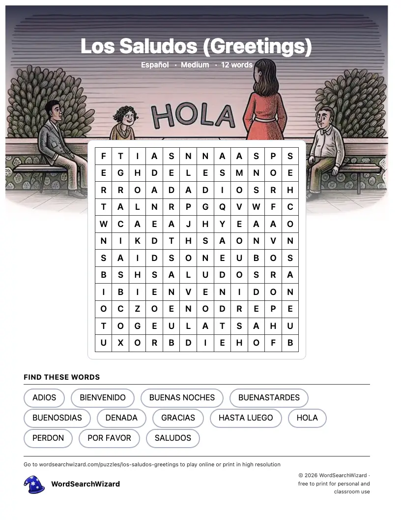 Los Saludos (Greetings) word search printable sheet, 12 words to find