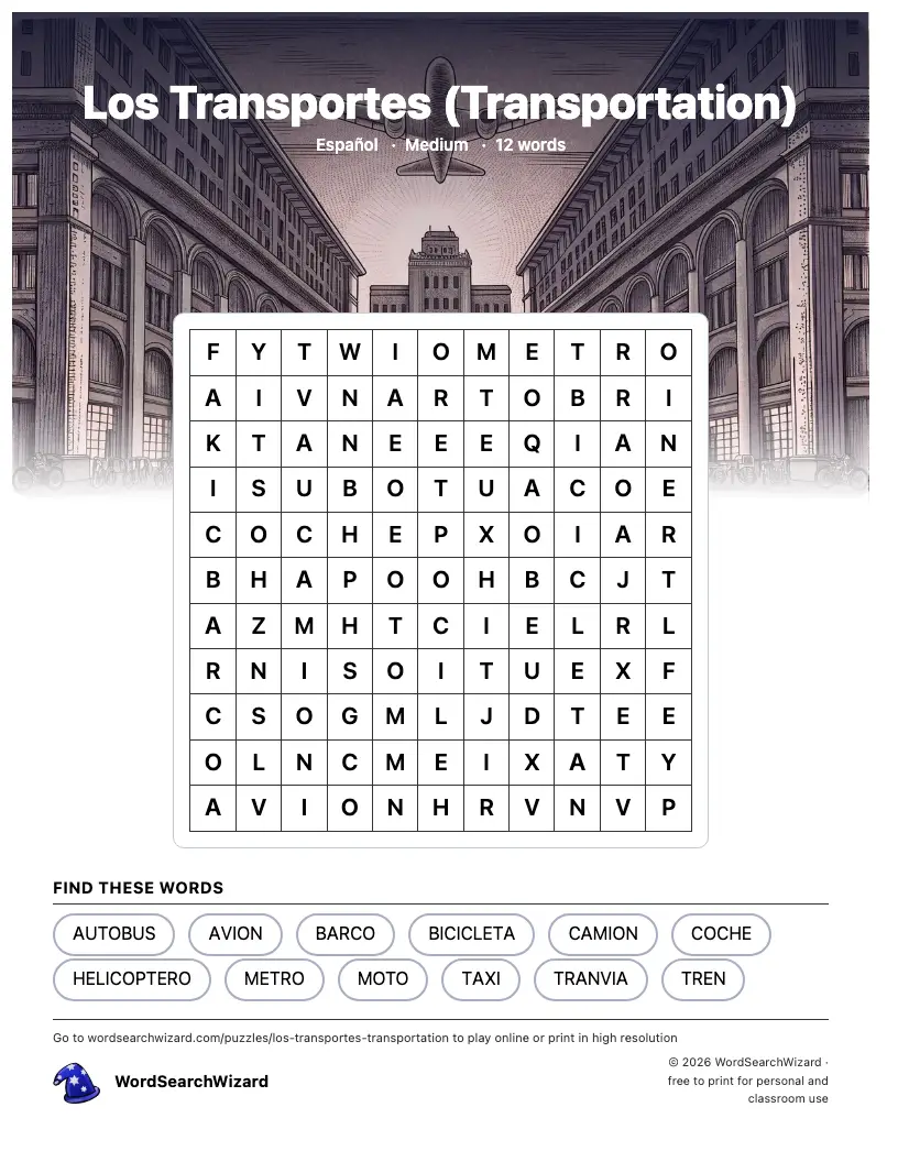 Los Transportes (Transportation) word search printable sheet, 12 words to find