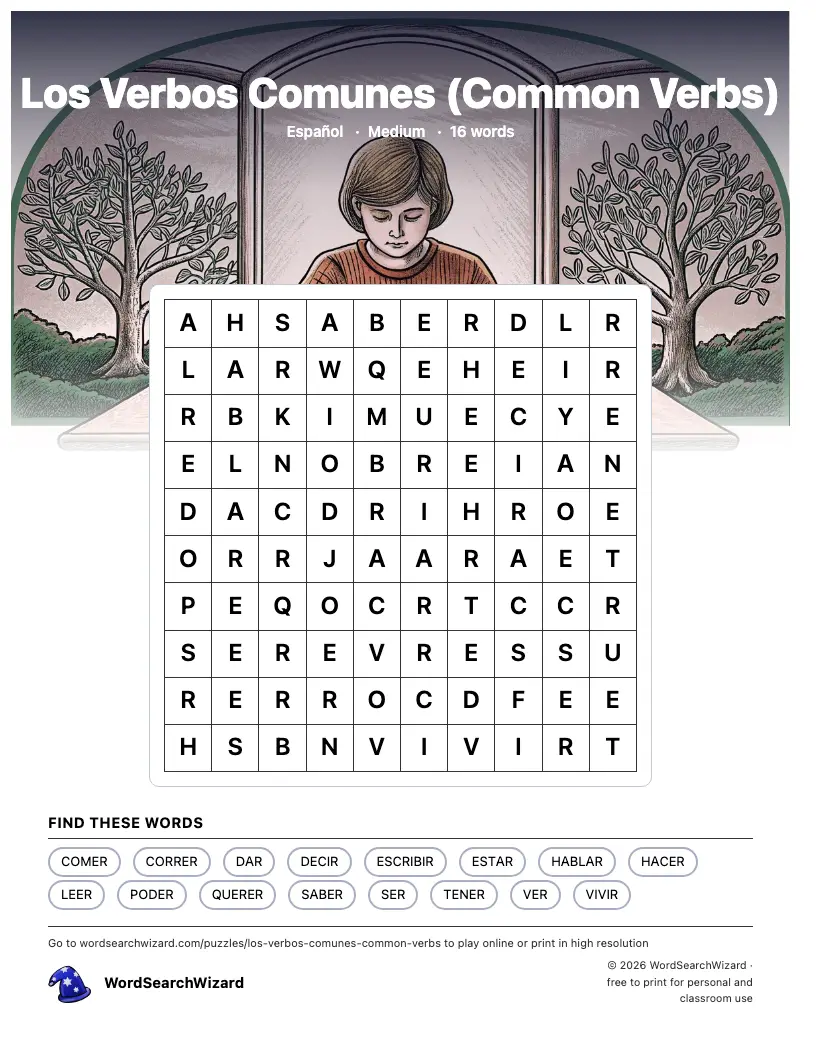 Los Verbos Comunes (Common Verbs) word search printable sheet, 16 words to find