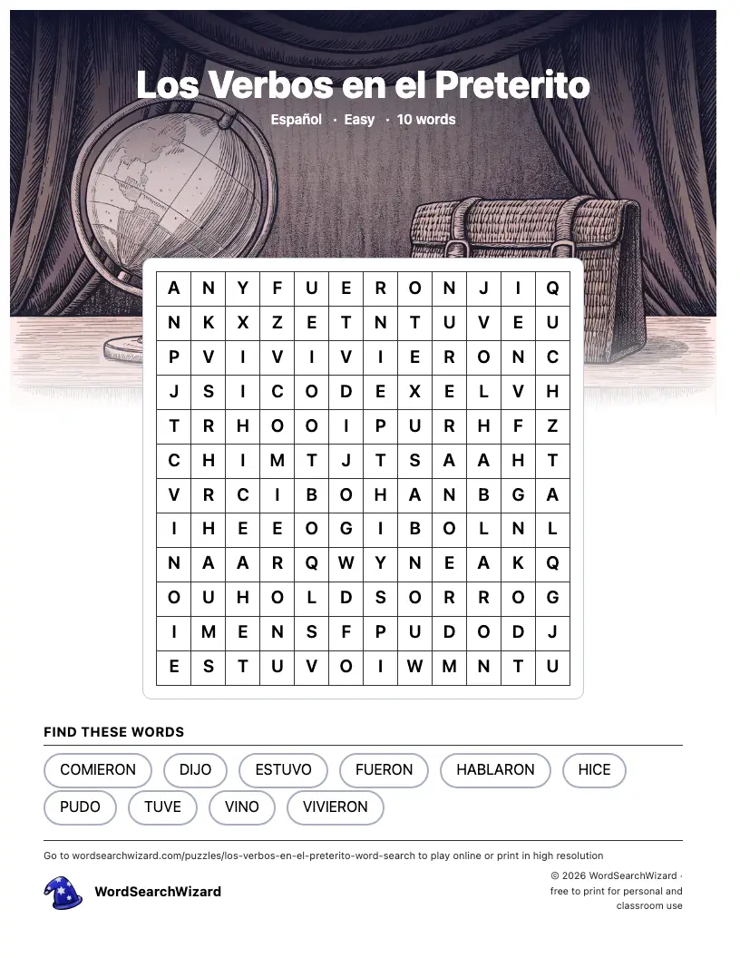 Los Verbos en el Preterito word search printable sheet, 10 words to find