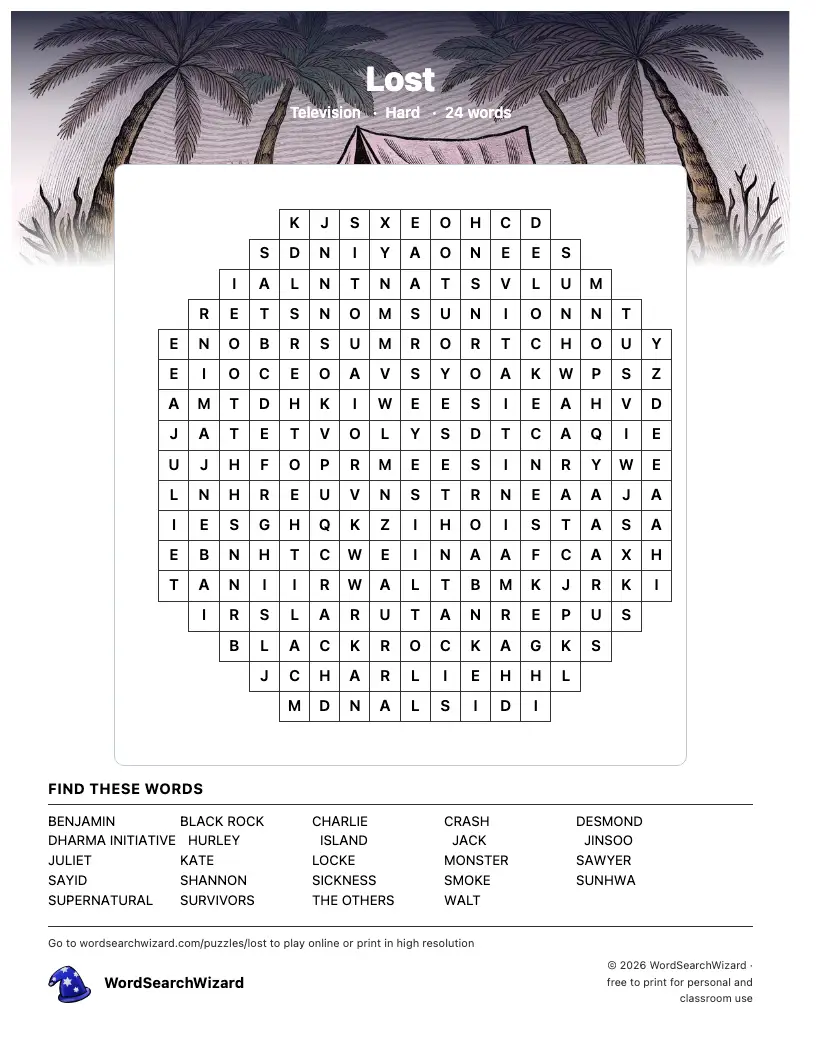 Lost word search printable sheet, 24 words to find