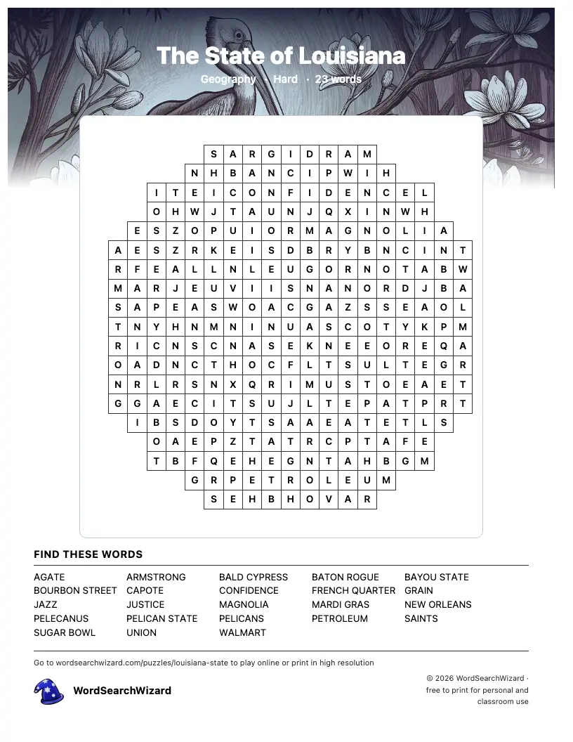 The State of Louisiana word search printable sheet, 23 words to find