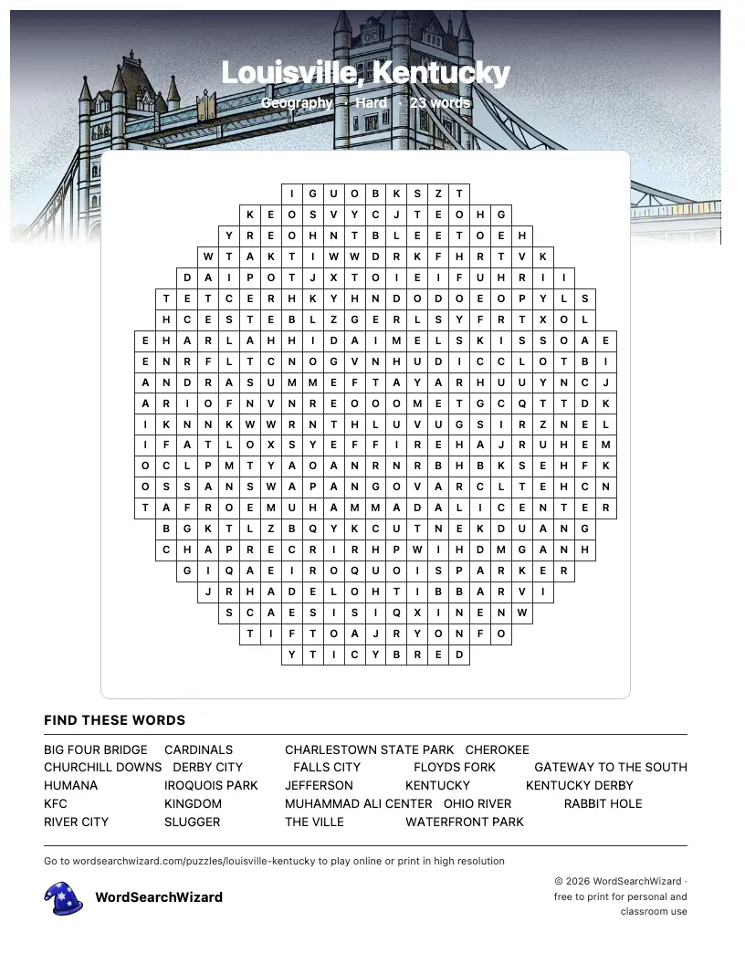 Louisville, Kentucky word search printable sheet, 23 words to find