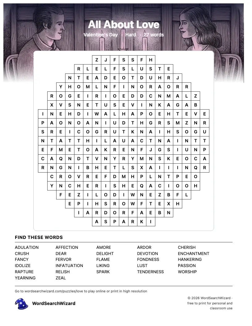 All About Love word search printable sheet, 27 words to find