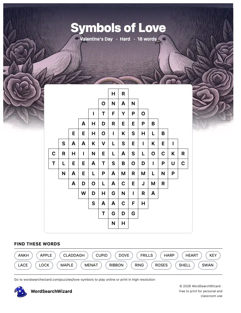 Symbols of Love word search printable sheet, 18 words to find