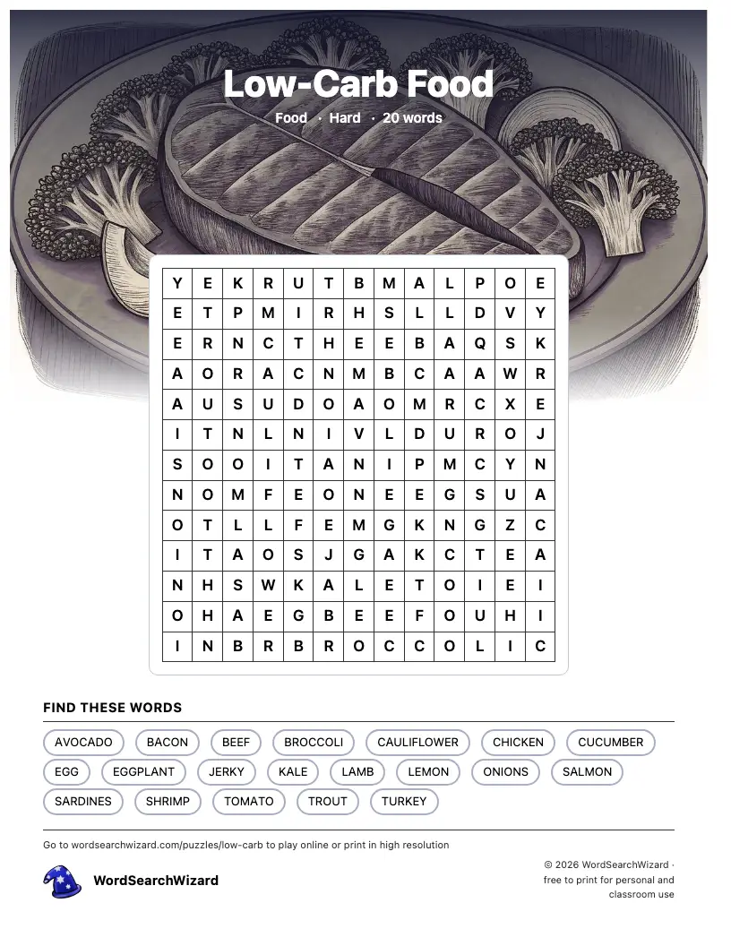 Low-Carb Food word search printable sheet, 20 words to find