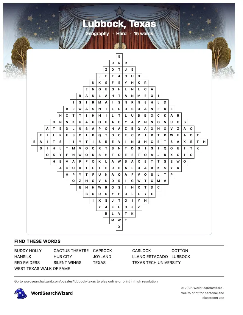 Lubbock, Texas word search printable sheet, 15 words to find