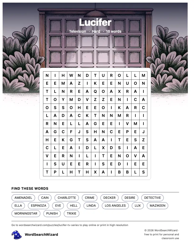 Lucifer word search printable sheet, 18 words to find