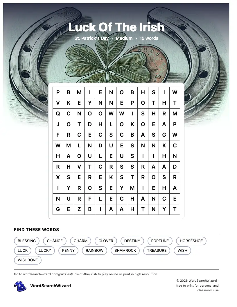 Luck Of The Irish word search printable sheet, 15 words to find