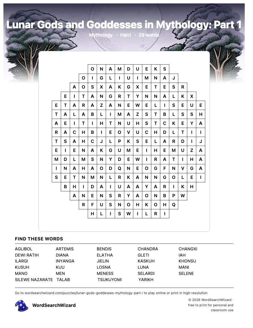 Lunar Gods and Goddesses in Mythology: Part 1 word search printable sheet, 29 words to find