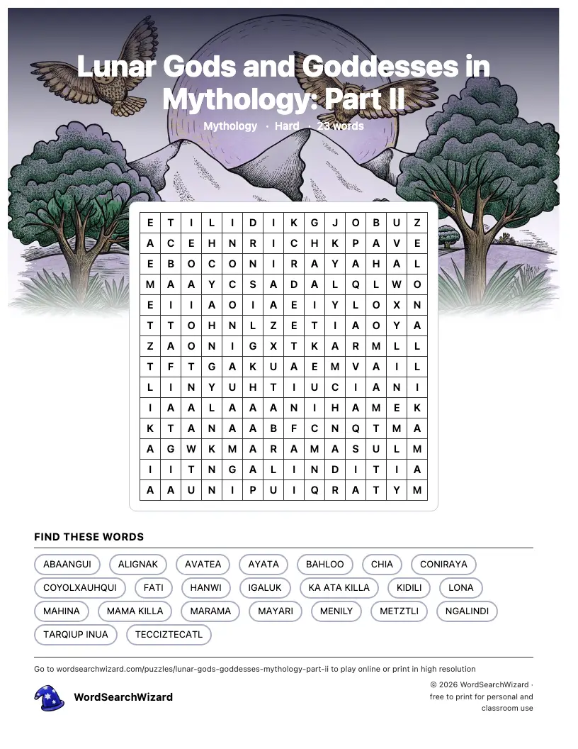 Lunar Gods and Goddesses in Mythology: Part II word search printable sheet, 23 words to find