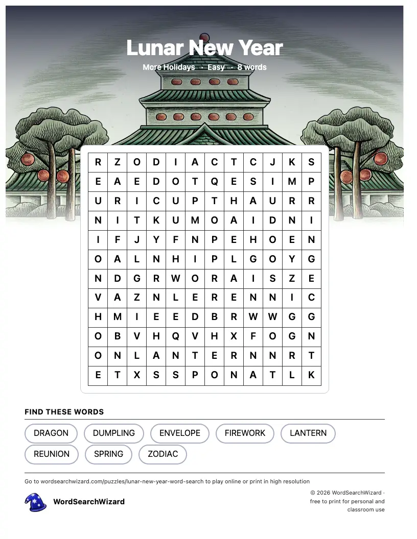 Lunar New Year word search printable sheet, 8 words to find