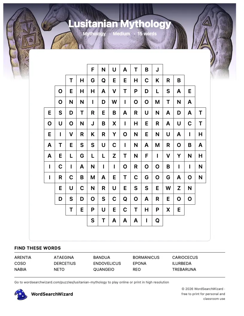 Lusitanian Mythology word search printable sheet, 15 words to find