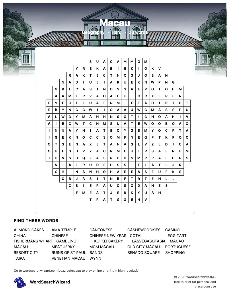 Macau word search printable sheet, 28 words to find