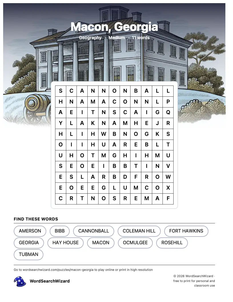 Macon, Georgia word search printable sheet, 11 words to find