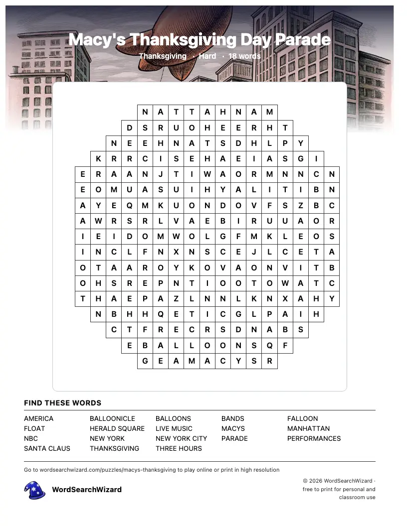 Macy's Thanksgiving Day Parade word search printable sheet, 18 words to find
