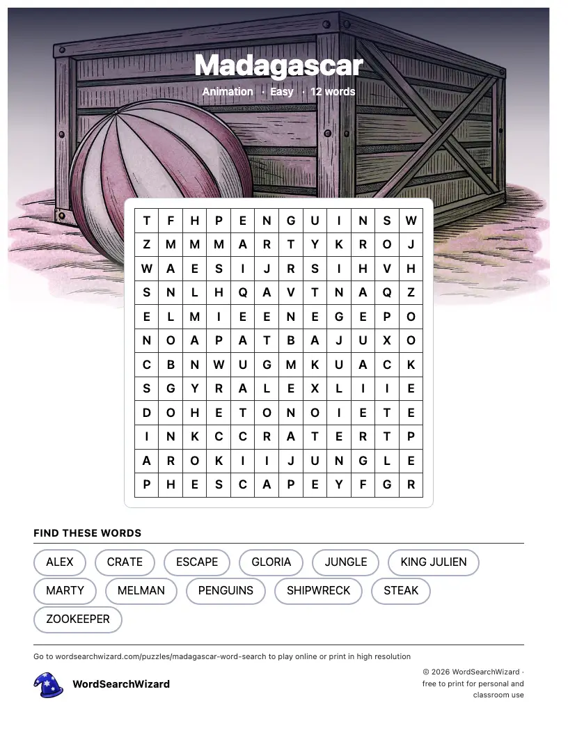 Madagascar word search printable sheet, 12 words to find