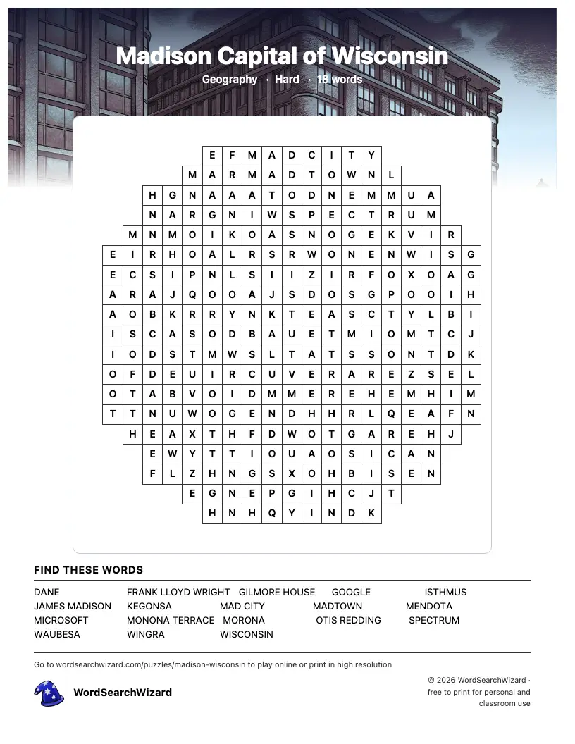 Madison Capital of Wisconsin word search printable sheet, 18 words to find