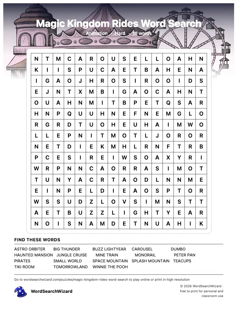 Magic Kingdom Rides word search printable sheet, 18 words to find