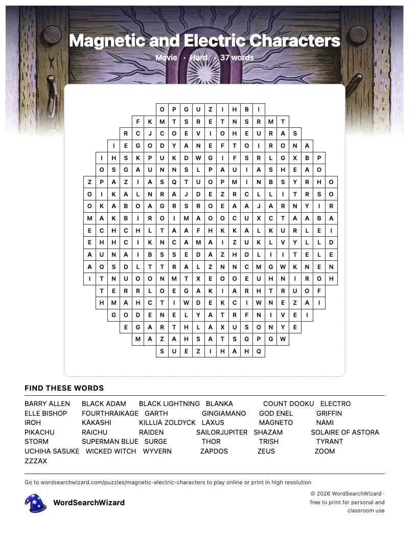 Magnetic and Electric Characters word search printable sheet, 37 words to find